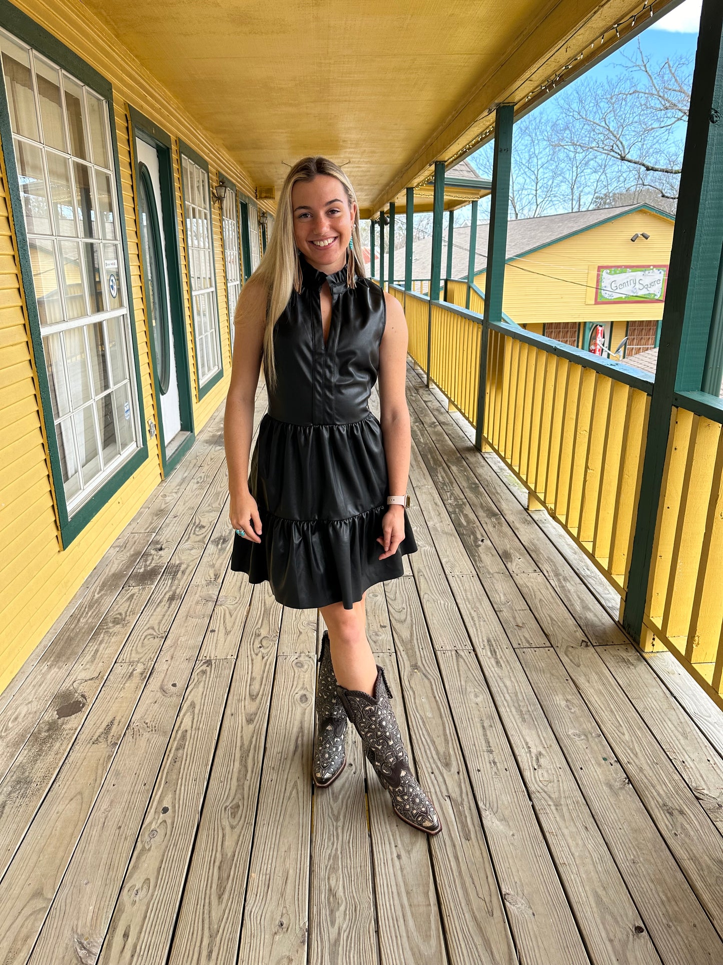 Black Faux Leather Sleeveless Ruffle Dress