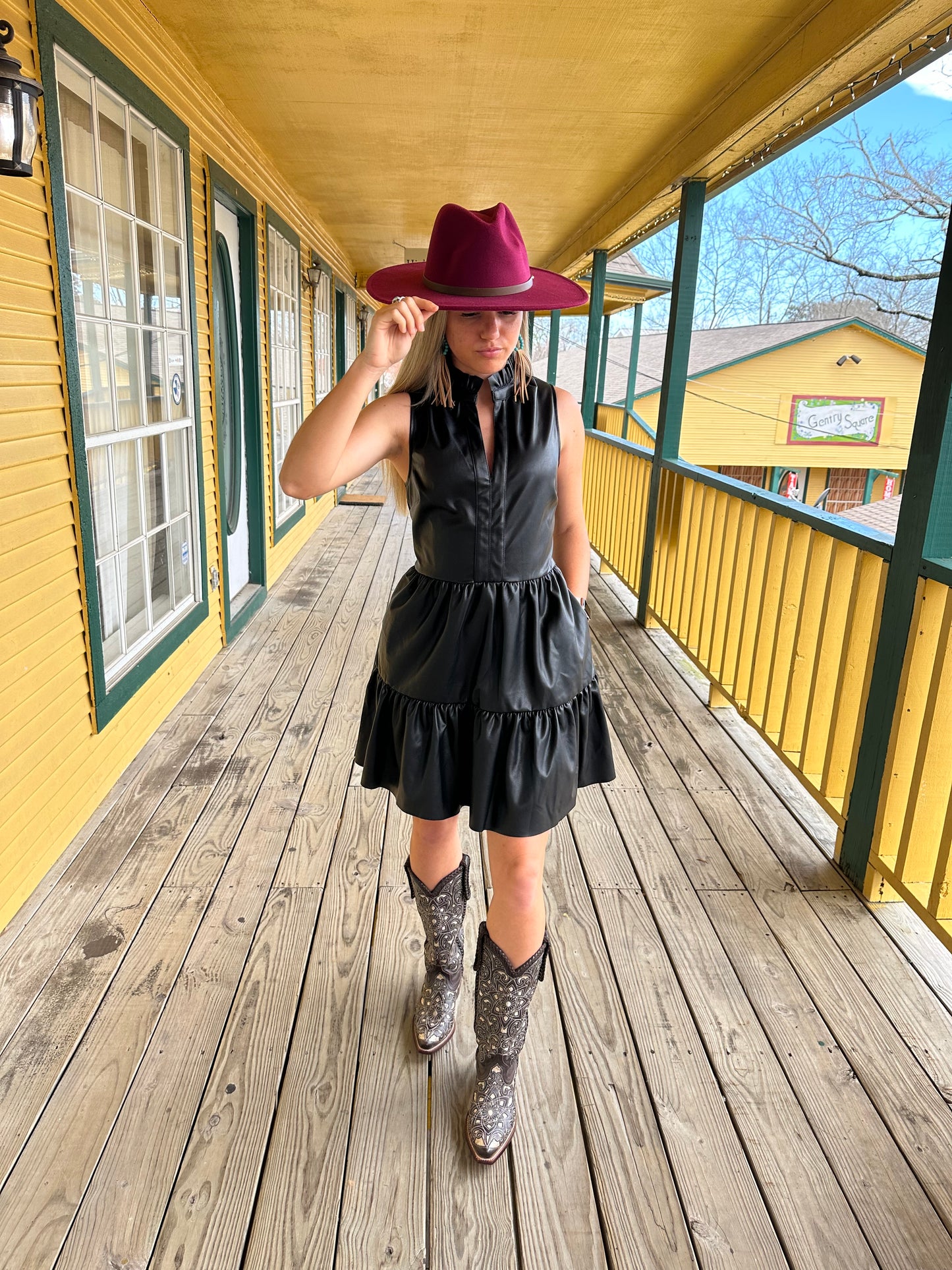 Black Faux Leather Sleeveless Ruffle Dress