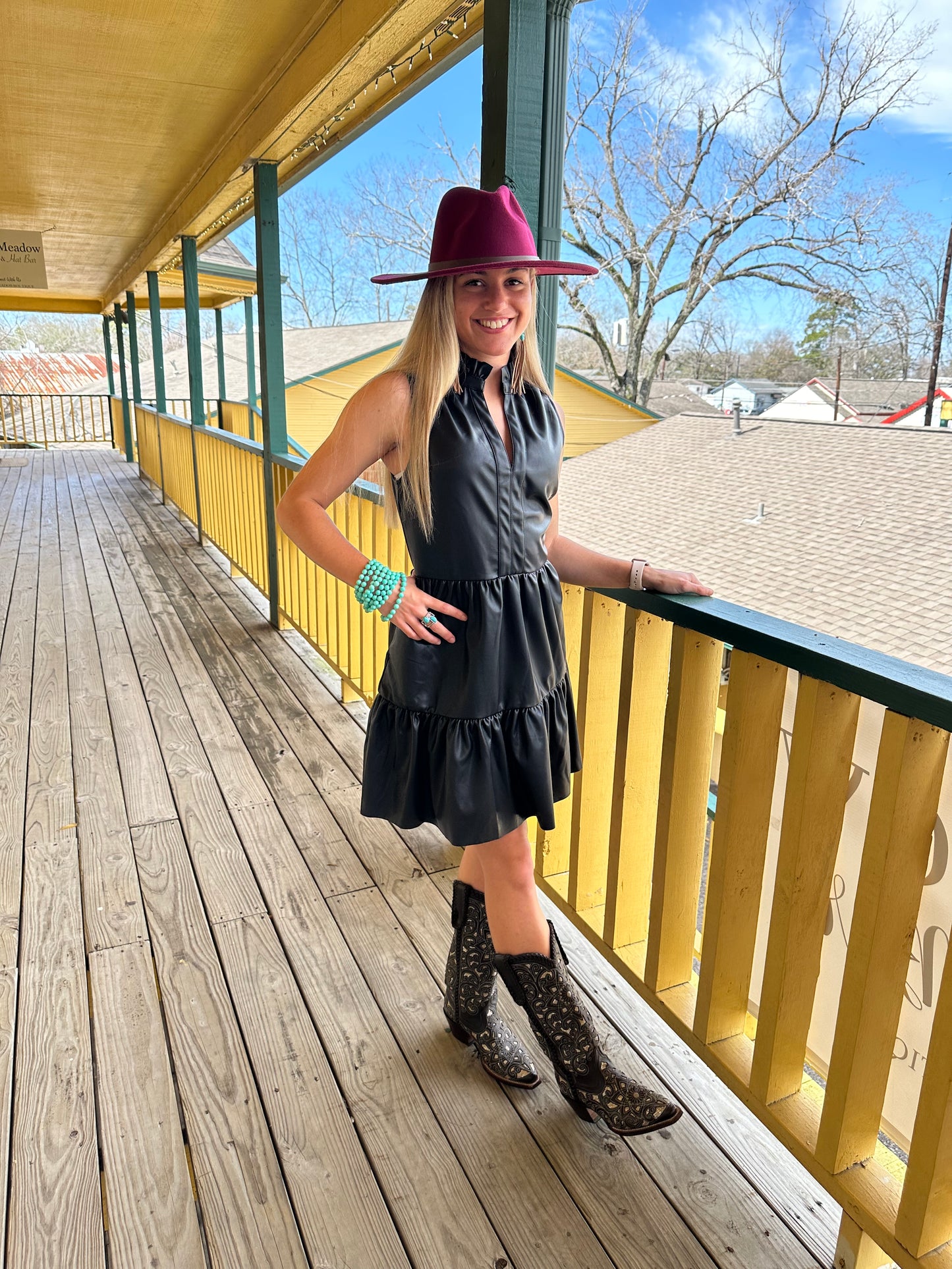 Black Faux Leather Sleeveless Ruffle Dress