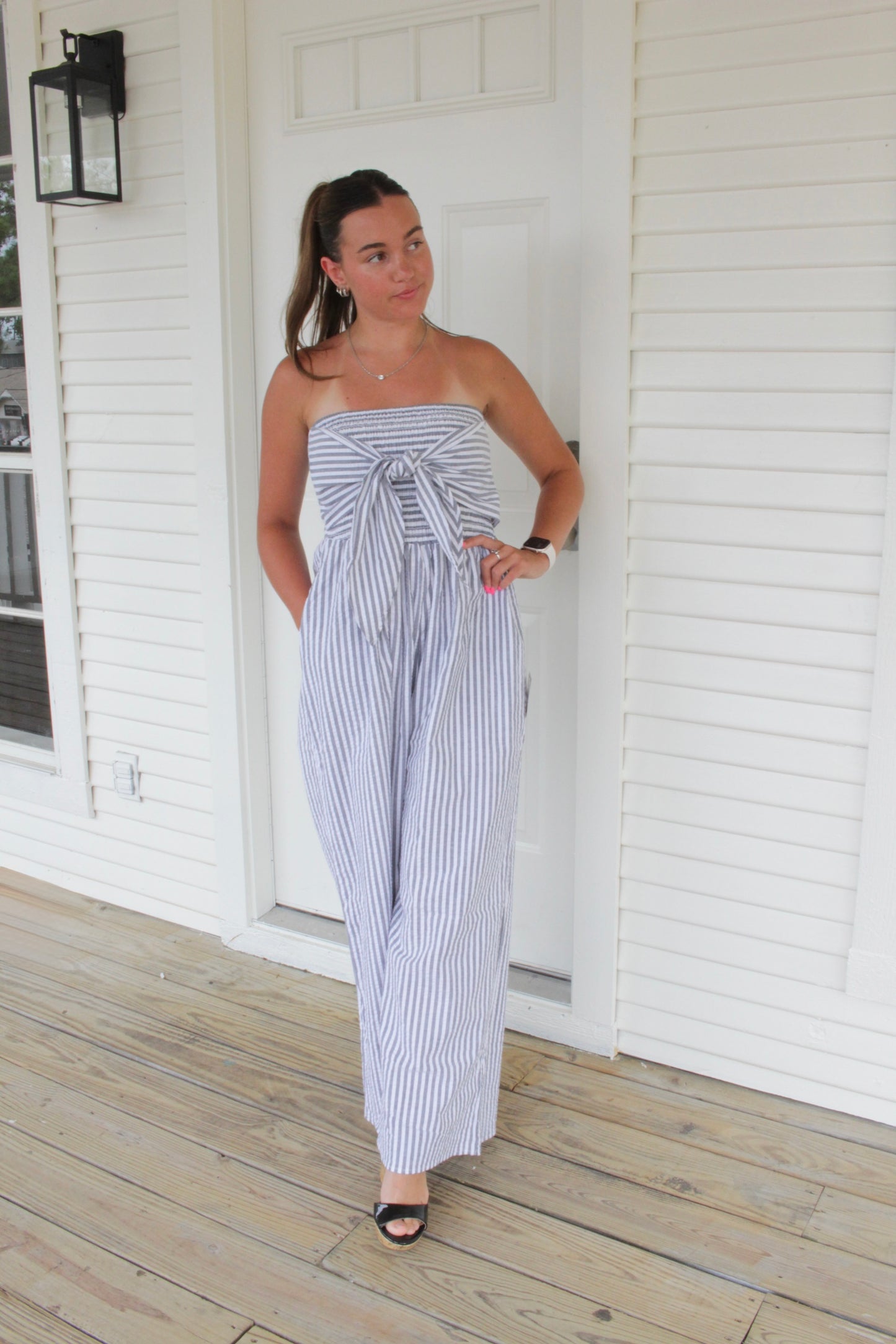 Smocked Striped Strapless Jumpsuit