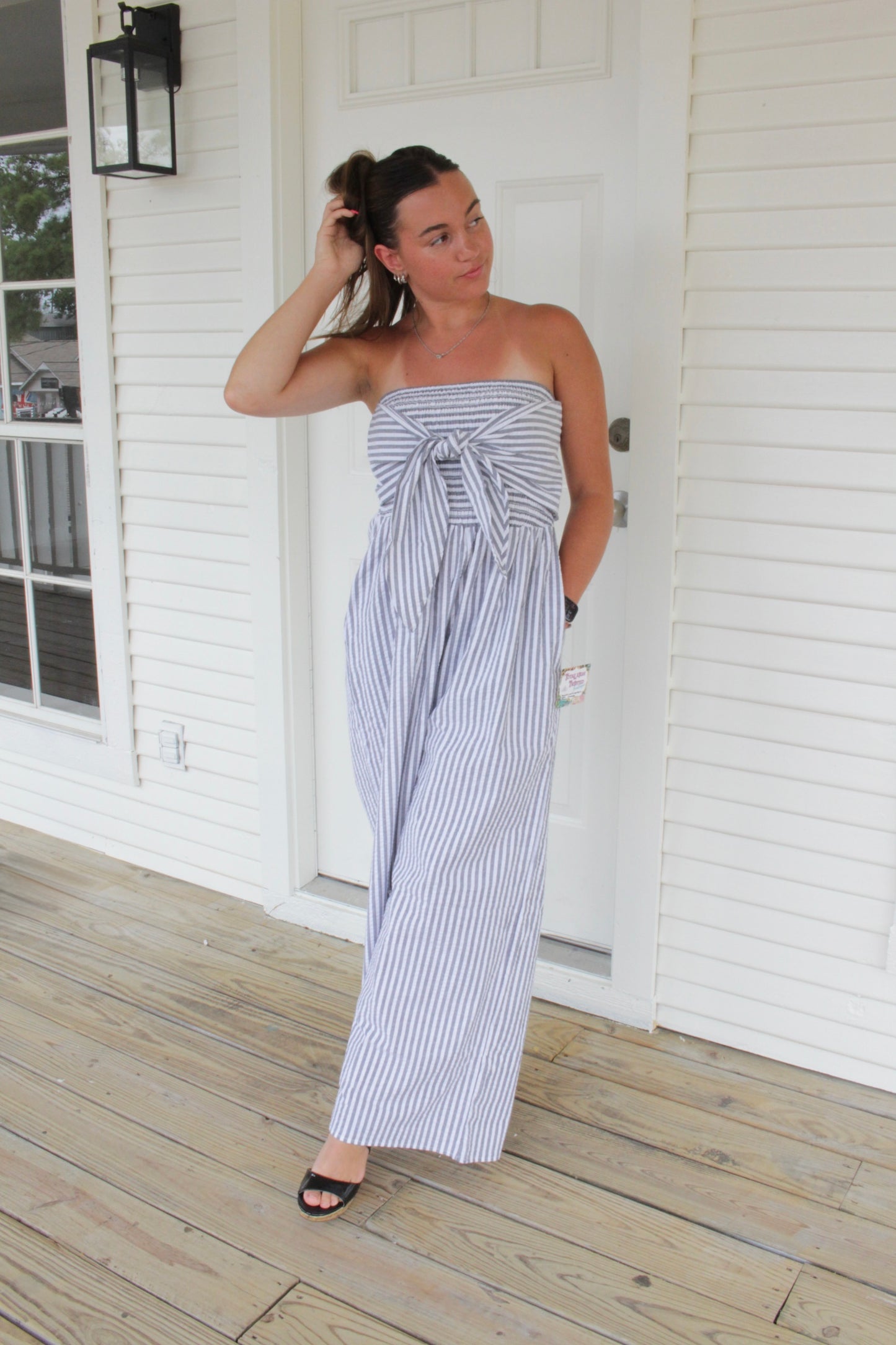 Smocked Striped Strapless Jumpsuit