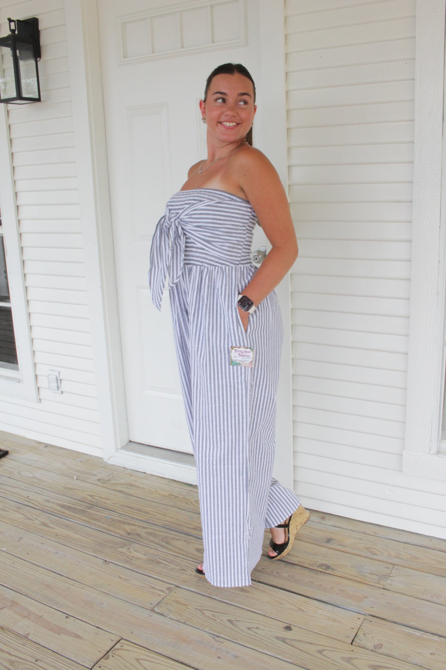 Smocked Striped Strapless Jumpsuit