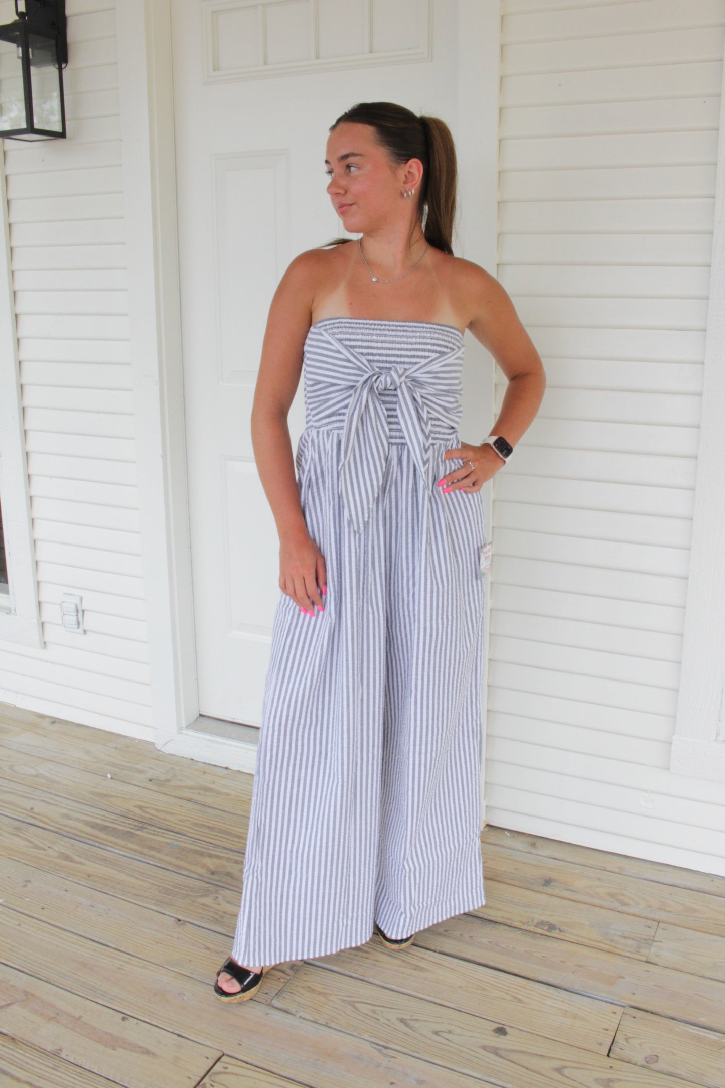 Smocked Striped Strapless Jumpsuit