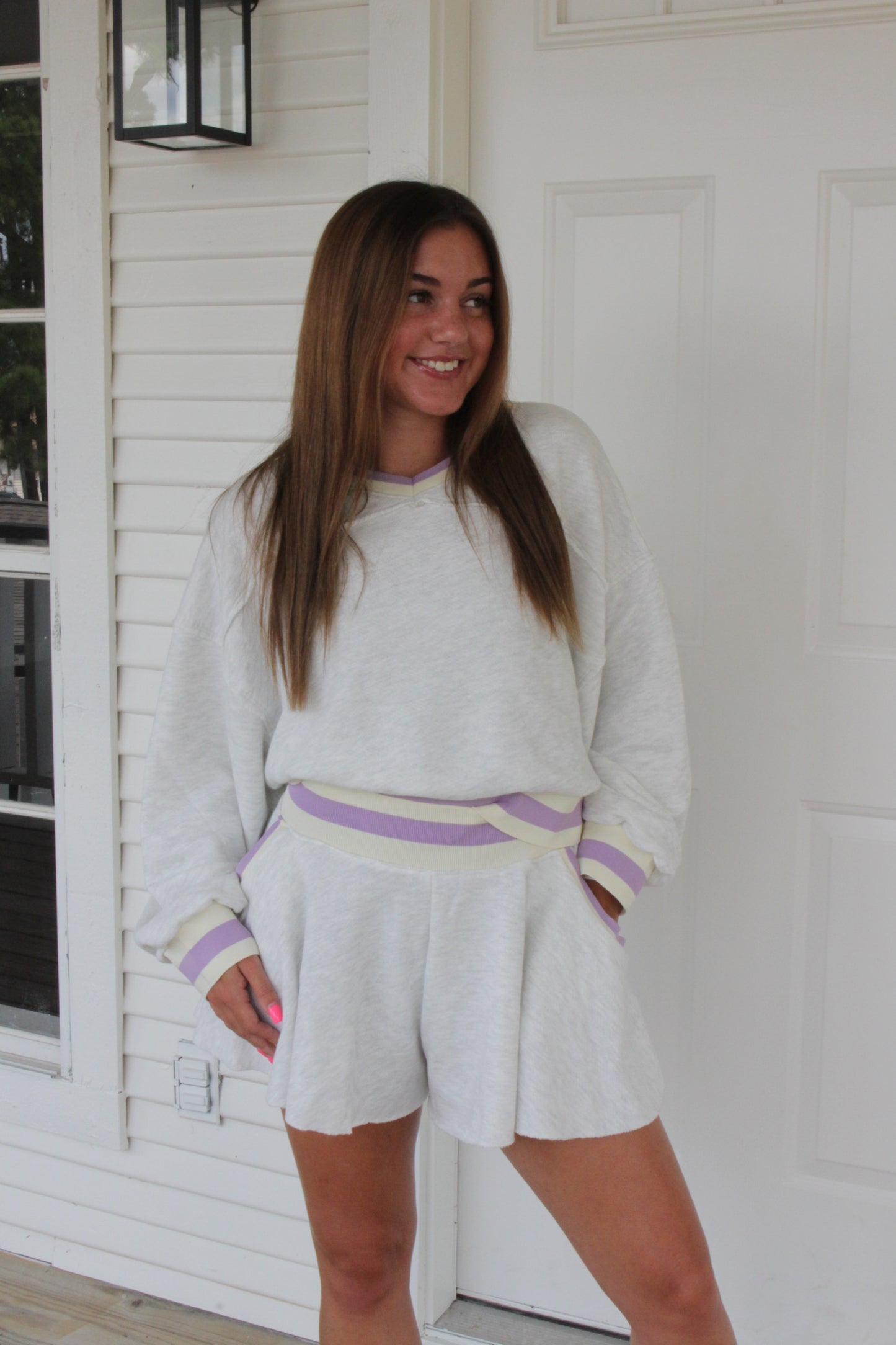 Grey Contrast Sweatshirt and Flowy Short Set