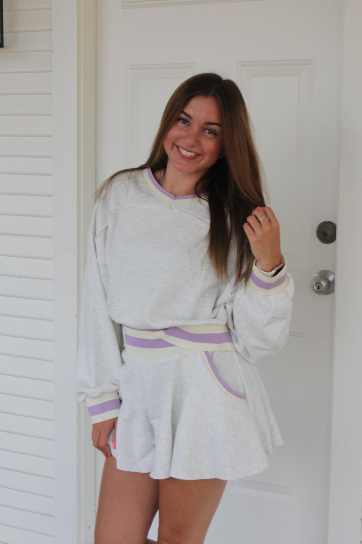 Grey Contrast Sweatshirt and Flowy Short Set