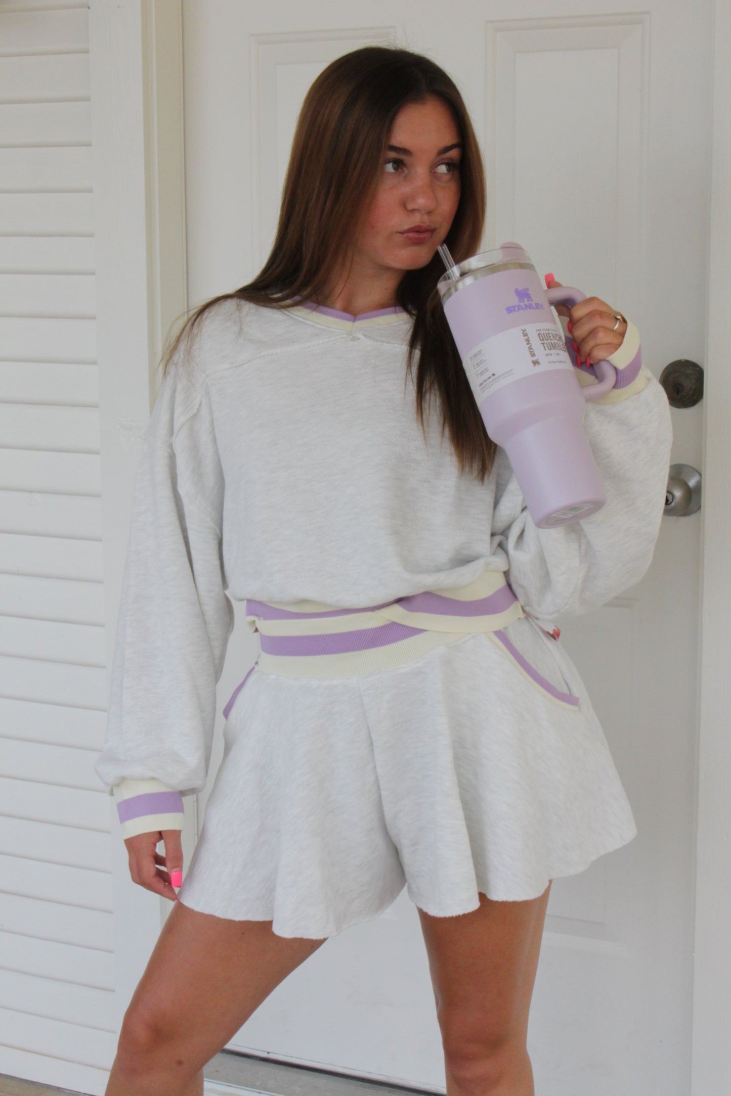 Grey Contrast Sweatshirt and Flowy Short Set