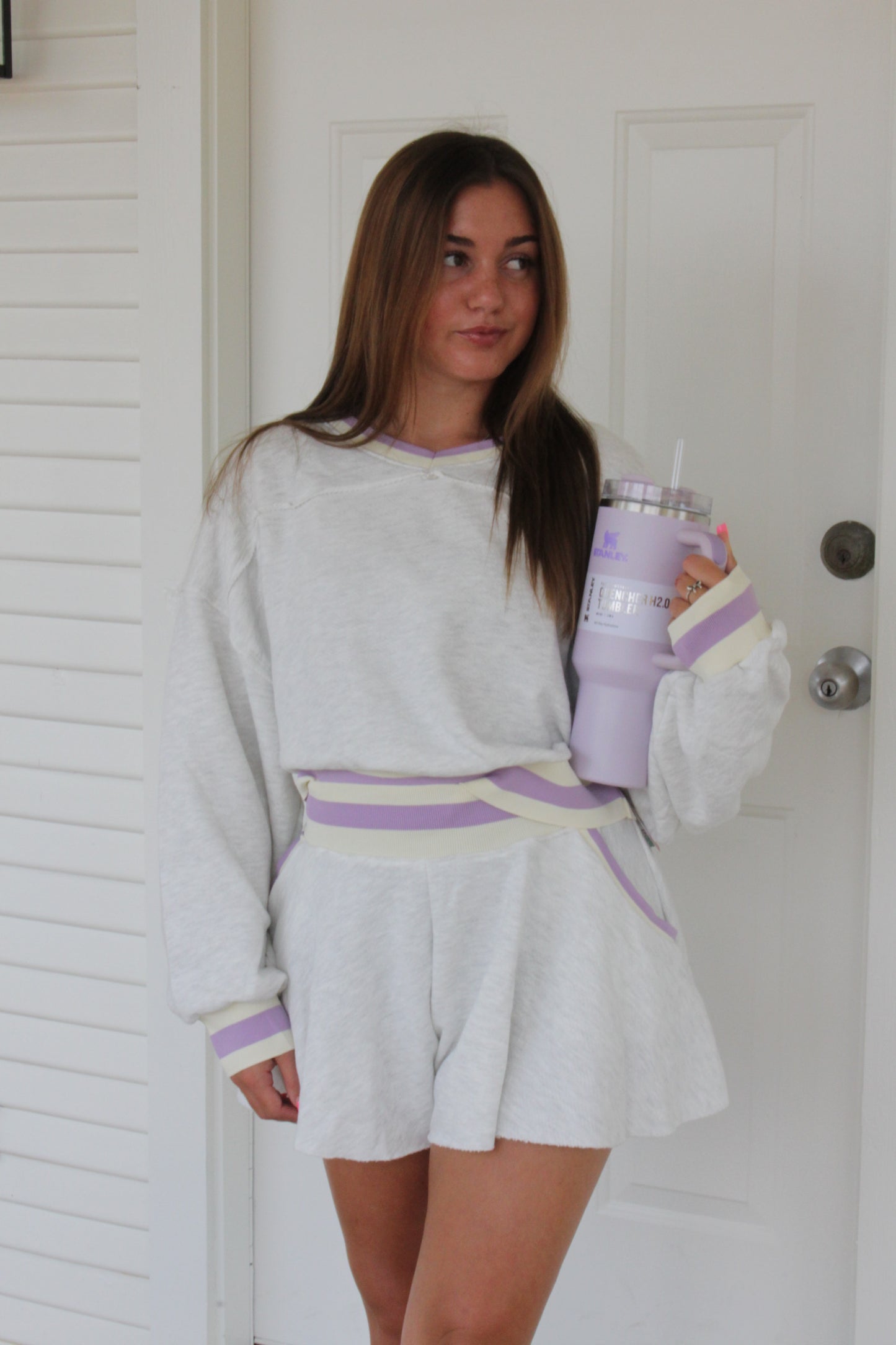 Grey Contrast Sweatshirt and Flowy Short Set