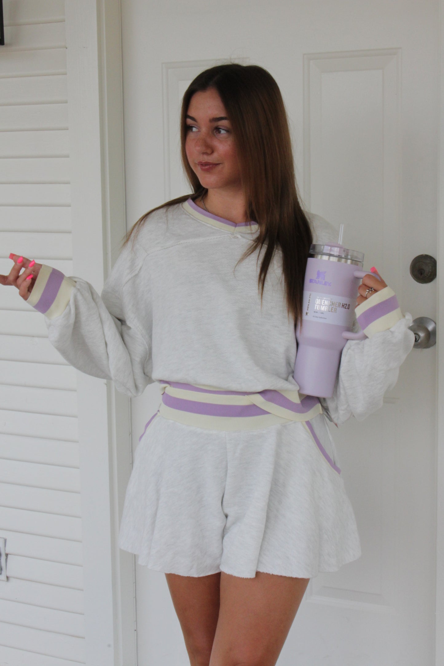 Grey Contrast Sweatshirt and Flowy Short Set