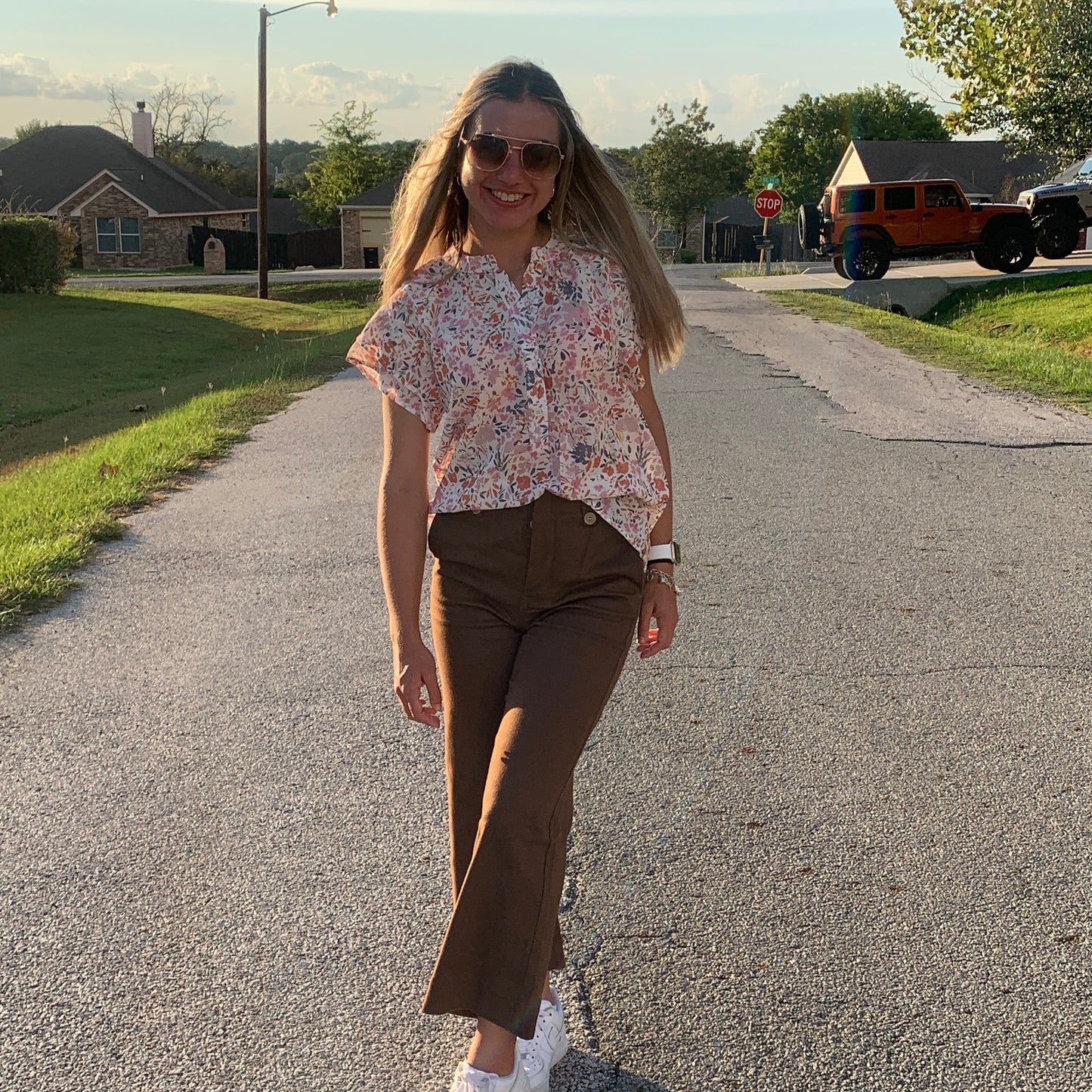 Floral Blouse & Brown Soft Washed Pants Bundle