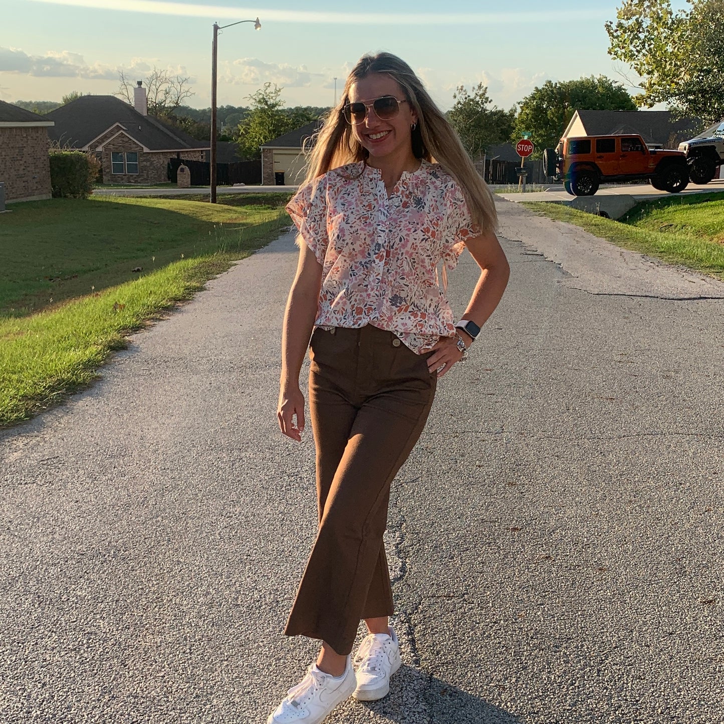Floral Blouse & Brown Soft Washed Pants Bundle