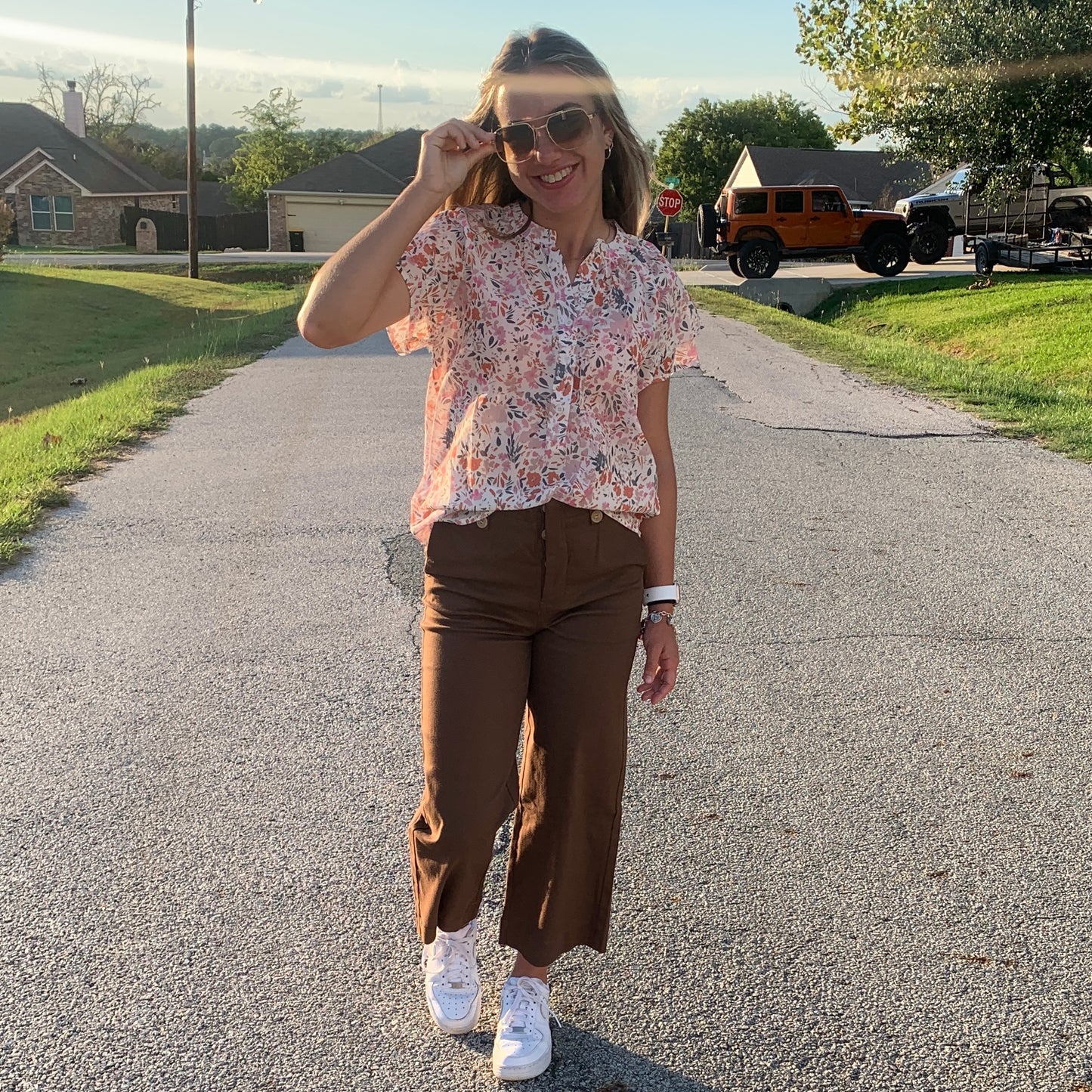 Floral Blouse & Brown Soft Washed Pants Bundle