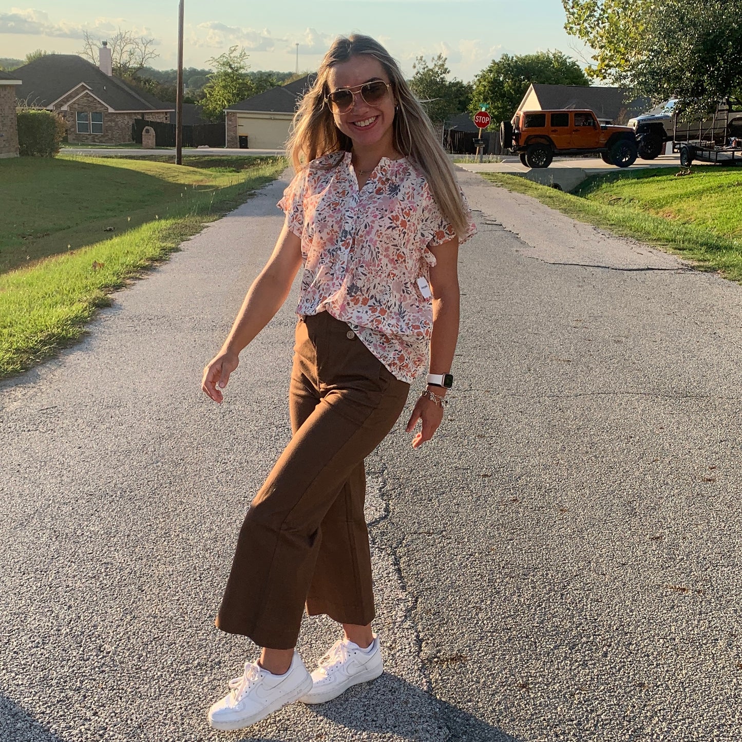 Floral Blouse & Brown Soft Washed Pants Bundle