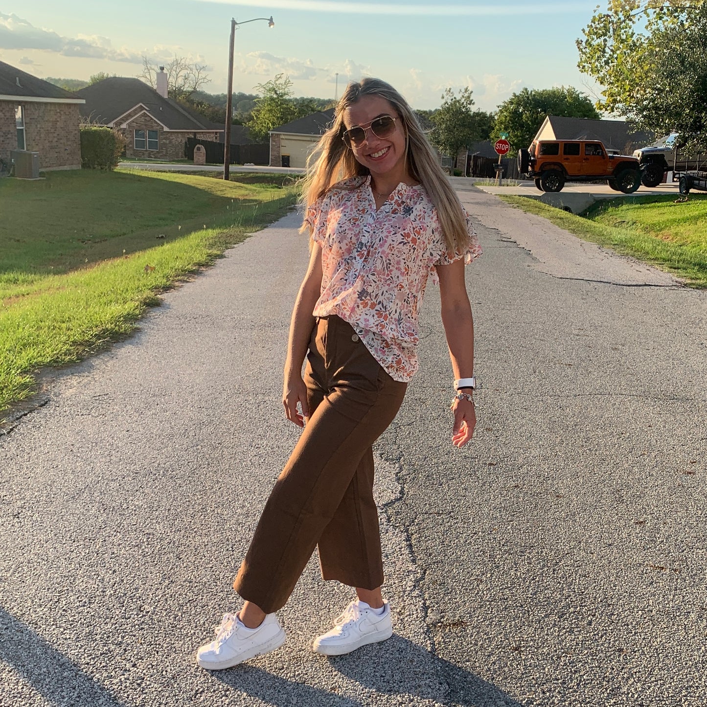 Floral Blouse & Brown Soft Washed Pants Bundle
