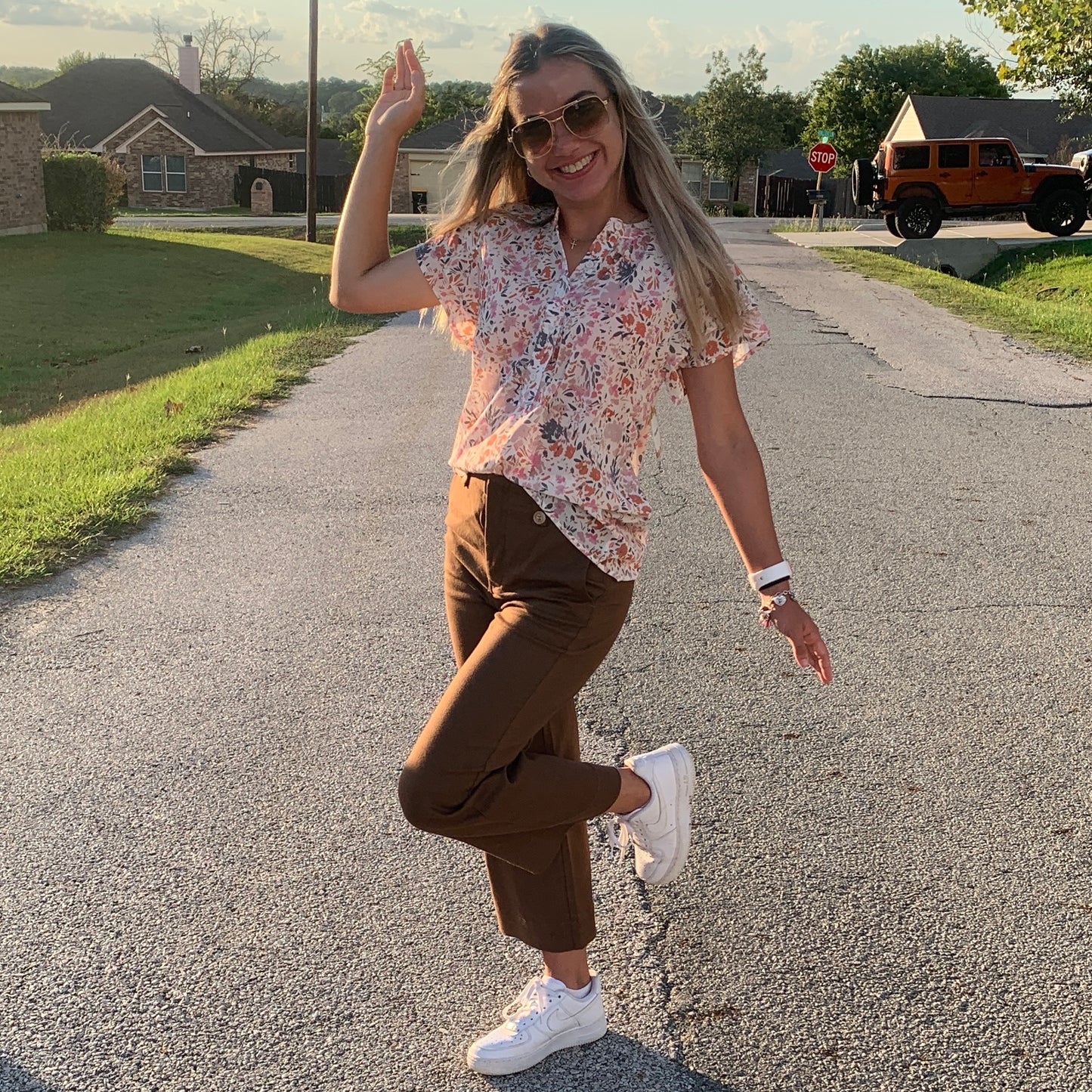 Floral Blouse & Brown Soft Washed Pants Bundle