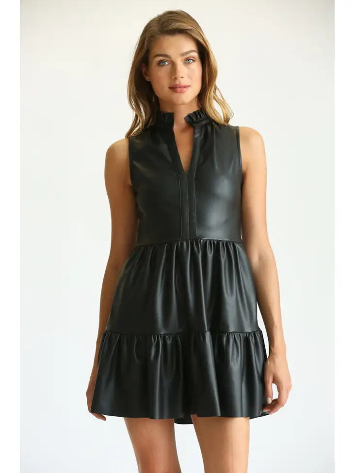 Black Faux Leather Sleeveless Ruffle Dress