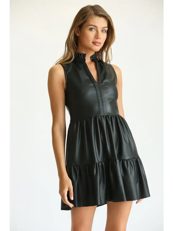 Black Faux Leather Sleeveless Ruffle Dress