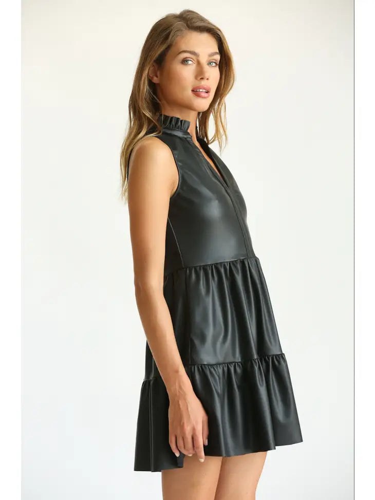 Black Faux Leather Sleeveless Ruffle Dress