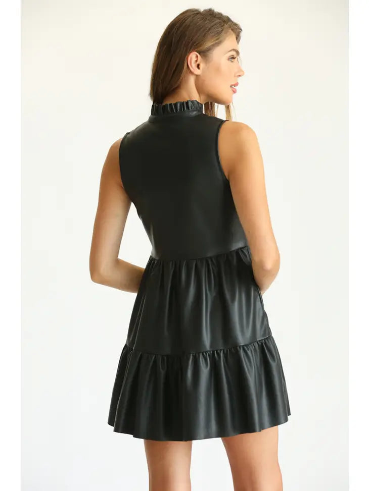 Black Faux Leather Sleeveless Ruffle Dress