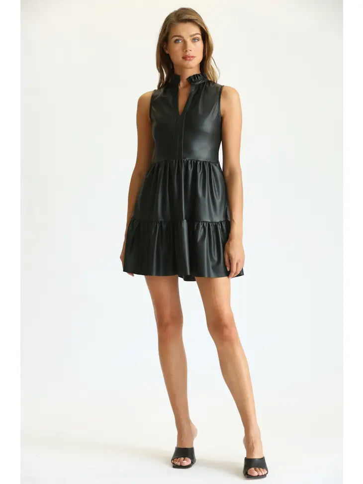 Black Faux Leather Sleeveless Ruffle Dress