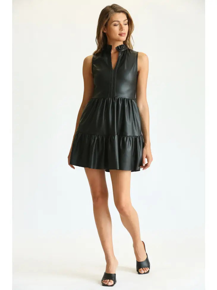 Black Faux Leather Sleeveless Ruffle Dress