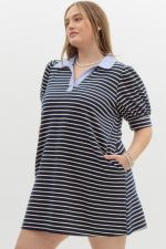 Navy Striped Mini Dress with Blue Collar - Curvy