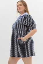 Navy Striped Mini Dress with Blue Collar - Curvy