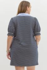 Navy Striped Mini Dress with Blue Collar - Curvy