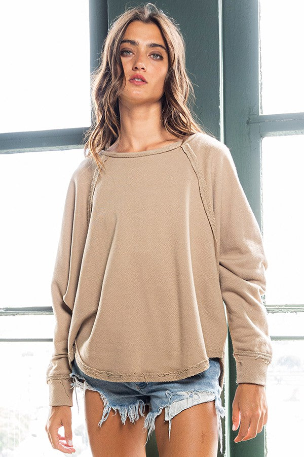 Taupe French Terry Round Hem Detailed Loose Top