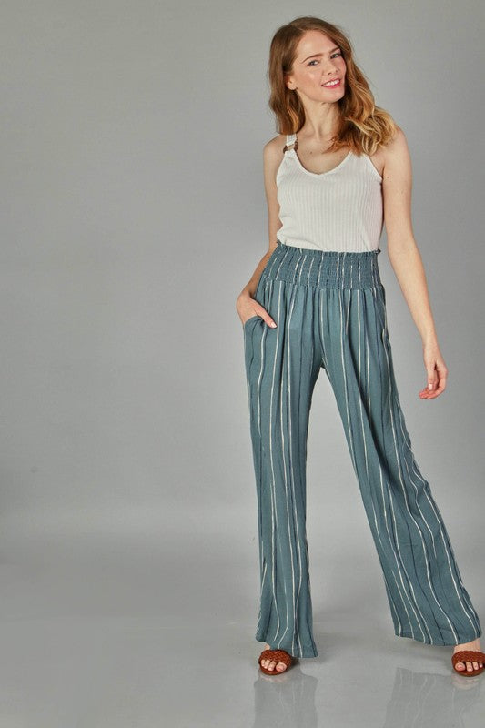 Teal Woven Stripe Elastic Pants