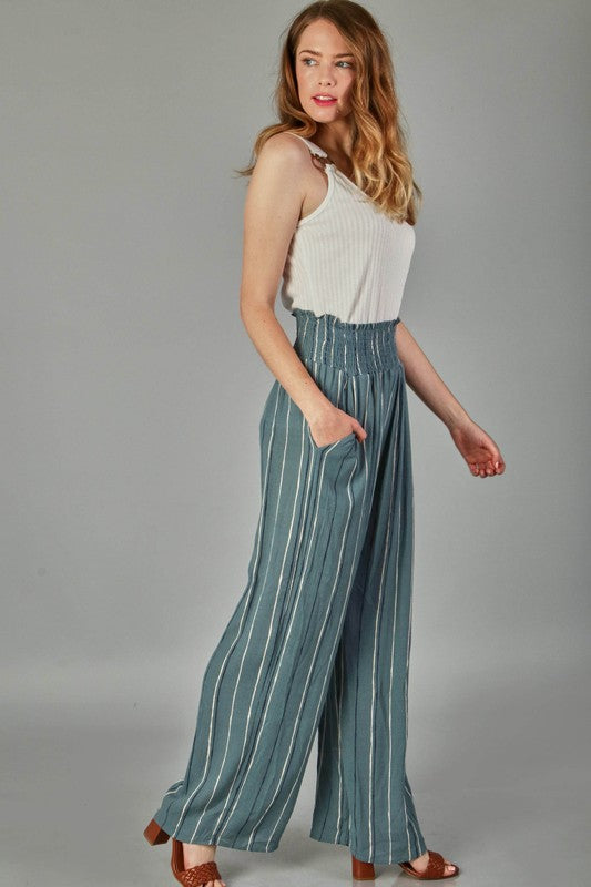 Teal Woven Stripe Elastic Pants
