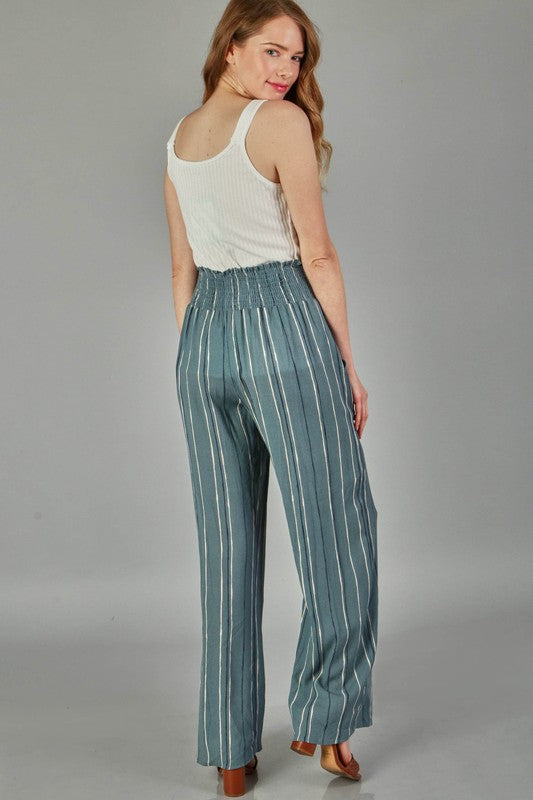 Teal Woven Stripe Elastic Pants