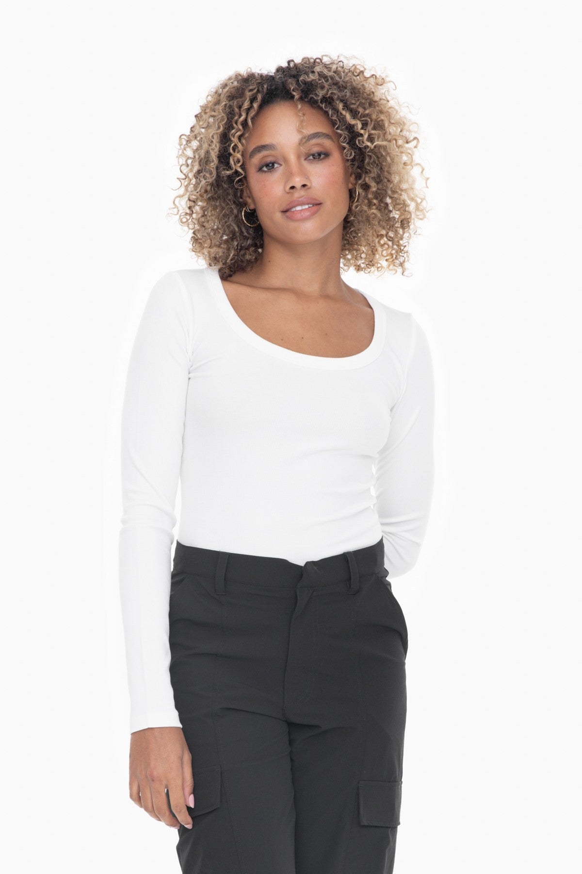 White Scoop Neck Long Sleeve Top