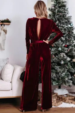 Burgundy Velvet Wide Leg Jumpsuit
