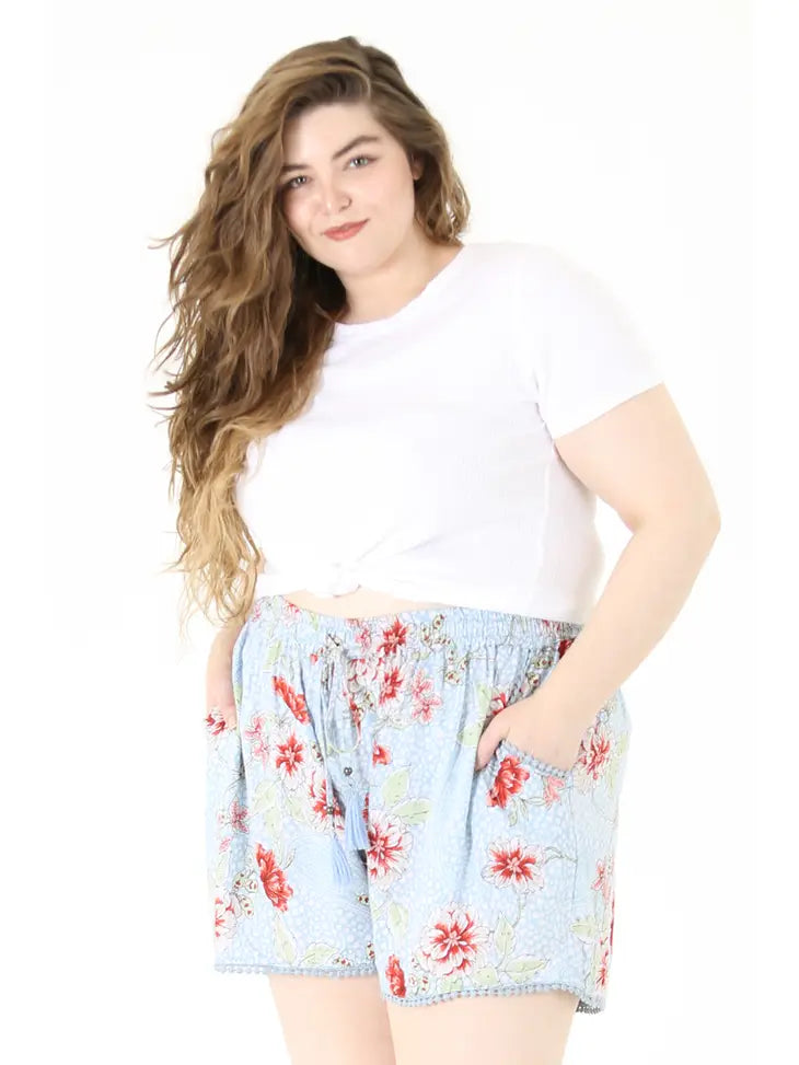 Light Blue Floral Shorts - Curvy