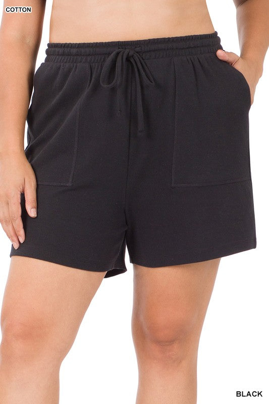 Black Cotton Drawstring Waist Shorts
