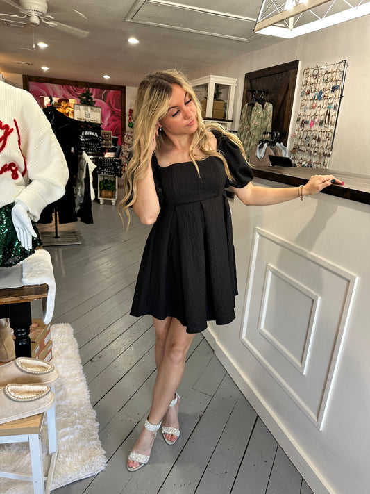 Black Square Neck Puff Sleeve Dress