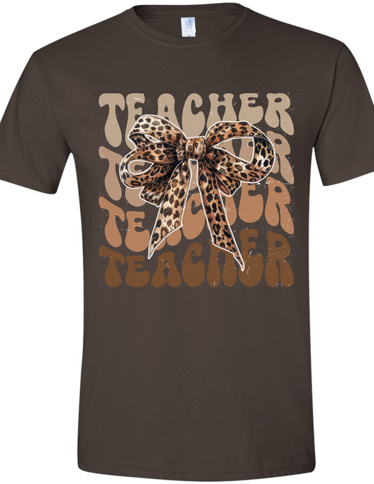 Teacher Teacher Teacher Teacher with Leopard Bow Tee