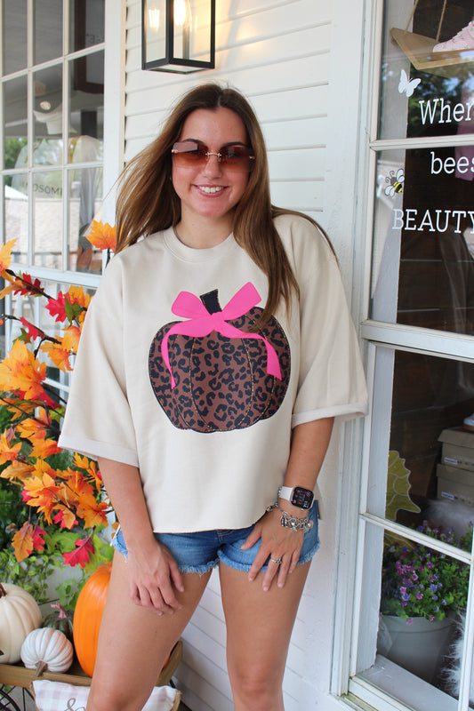 Leopard Pumpkin w/ Pink Bow Sweatshirt