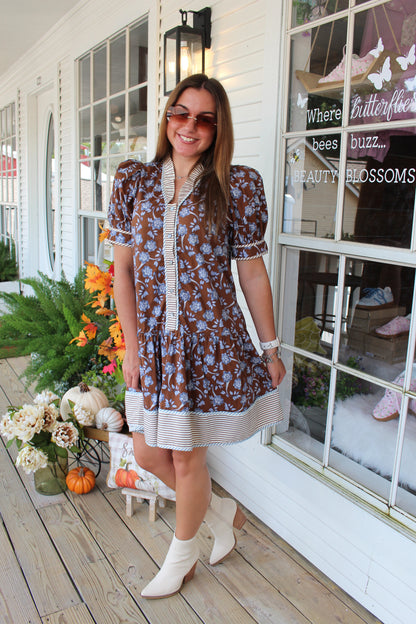Brown Floral Striped Mini Dress