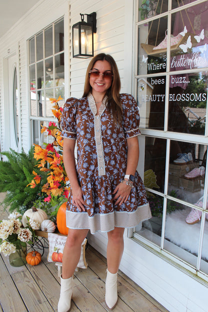 Brown Floral Striped Mini Dress