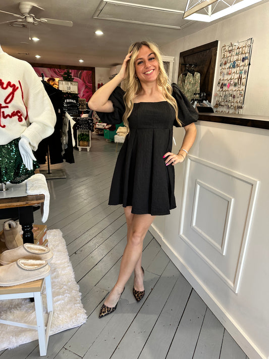 Black Square Neck Puff Sleeve Dress