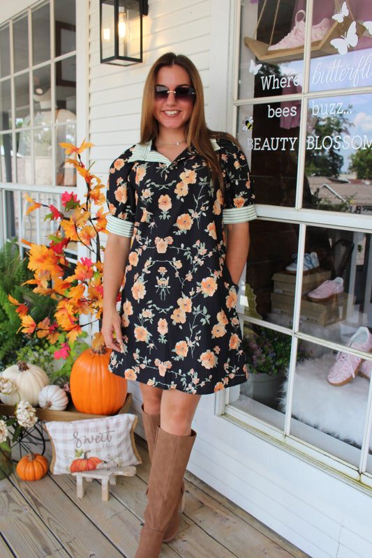 Black Floral Striped Mini Dress