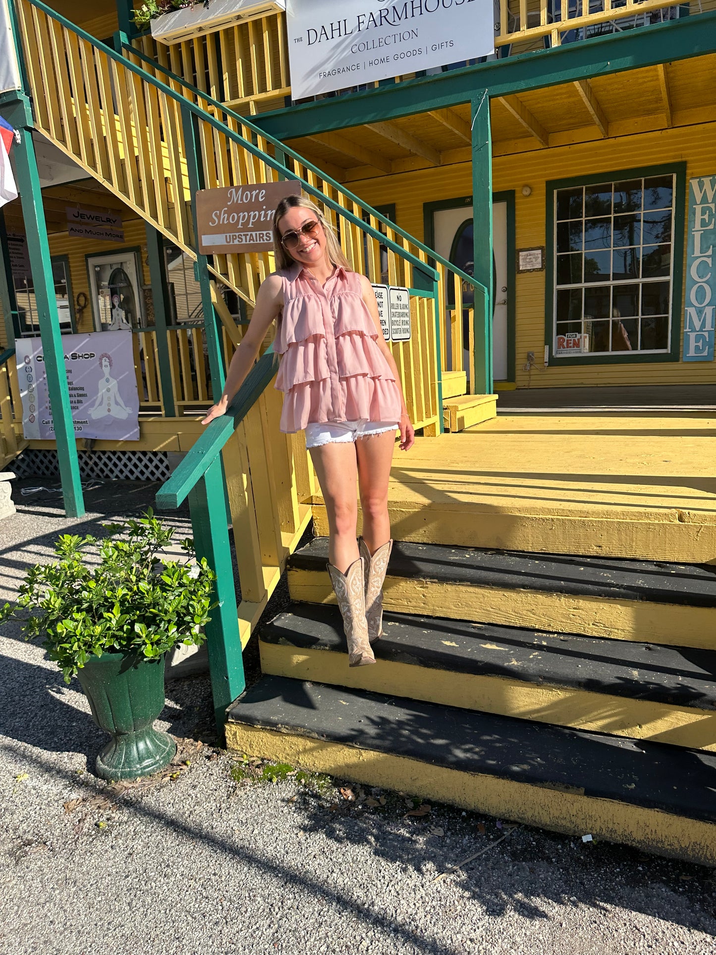 Blush Ruffled Sleeveless Button Down Top