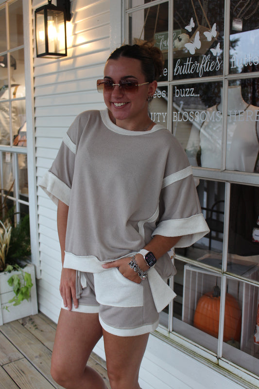 Taupe Oversized Contrast Top and Short Set