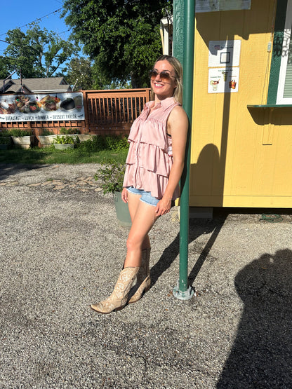 Blush Ruffled Sleeveless Button Down Top