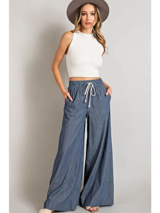 Medium Blue Washed Pinstriped Wide Leg Pants