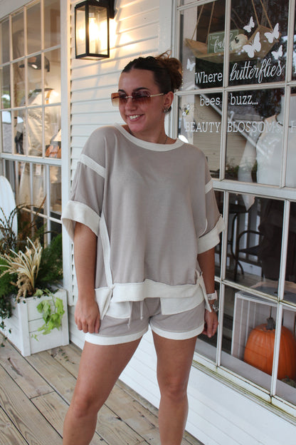 Taupe Oversized Contrast Top and Short Set