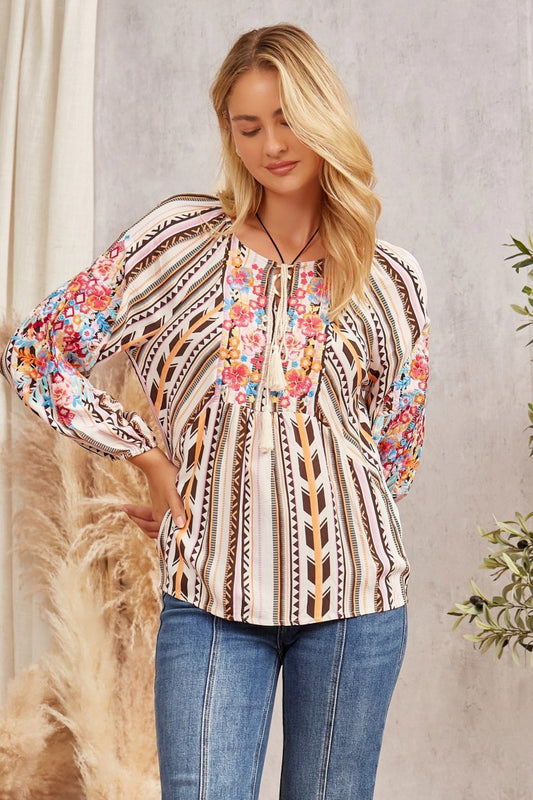 Aztec and Floral Long Sleeve Top