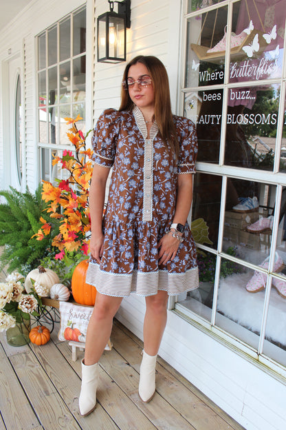Brown Floral Striped Mini Dress