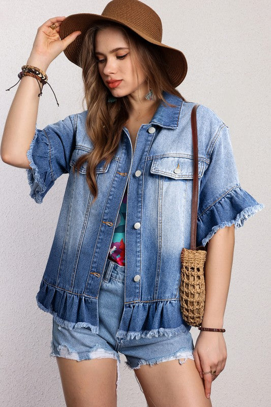 Denim Raw Hem Ruffle Sleeve Jacket